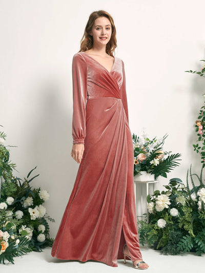 Carlyna Renata Mermaid Dusty Rose Velvet Bridesmaid Dress Maxi Long Sleeve V-Neck  #color_dusty-rose