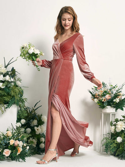 Carlyna Renata Mermaid Dusty Rose Velvet Bridesmaid Dress Maxi Long Sleeve V-Neck  #color_dusty-rose