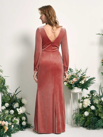 Carlyna Renata Mermaid Dusty Rose Velvet Bridesmaid Dress Maxi Long Sleeve V-Neck  #color_dusty-rose
