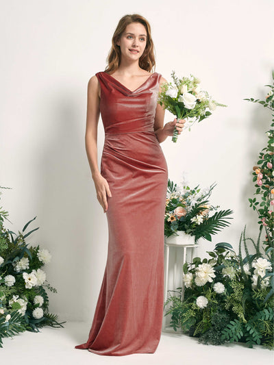Carlyna Pearl Mermaid Dusty Rose Velvet Bridesmaid Dress Maxi Sleeveless V-Neck Dress #color_dusty-rose
