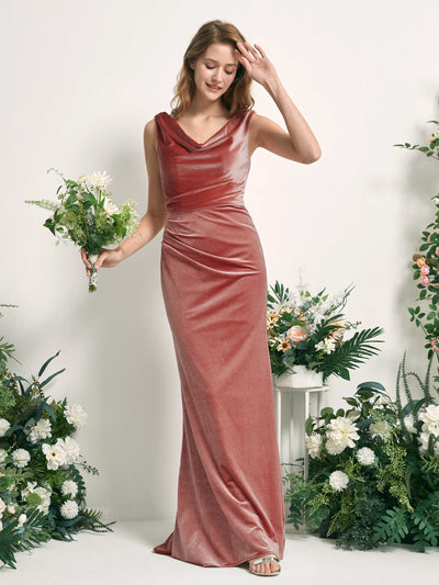 Carlyna Pearl Mermaid Dusty Rose Velvet Bridesmaid Dress Maxi Sleeveless V-Neck Dress #color_dusty-rose