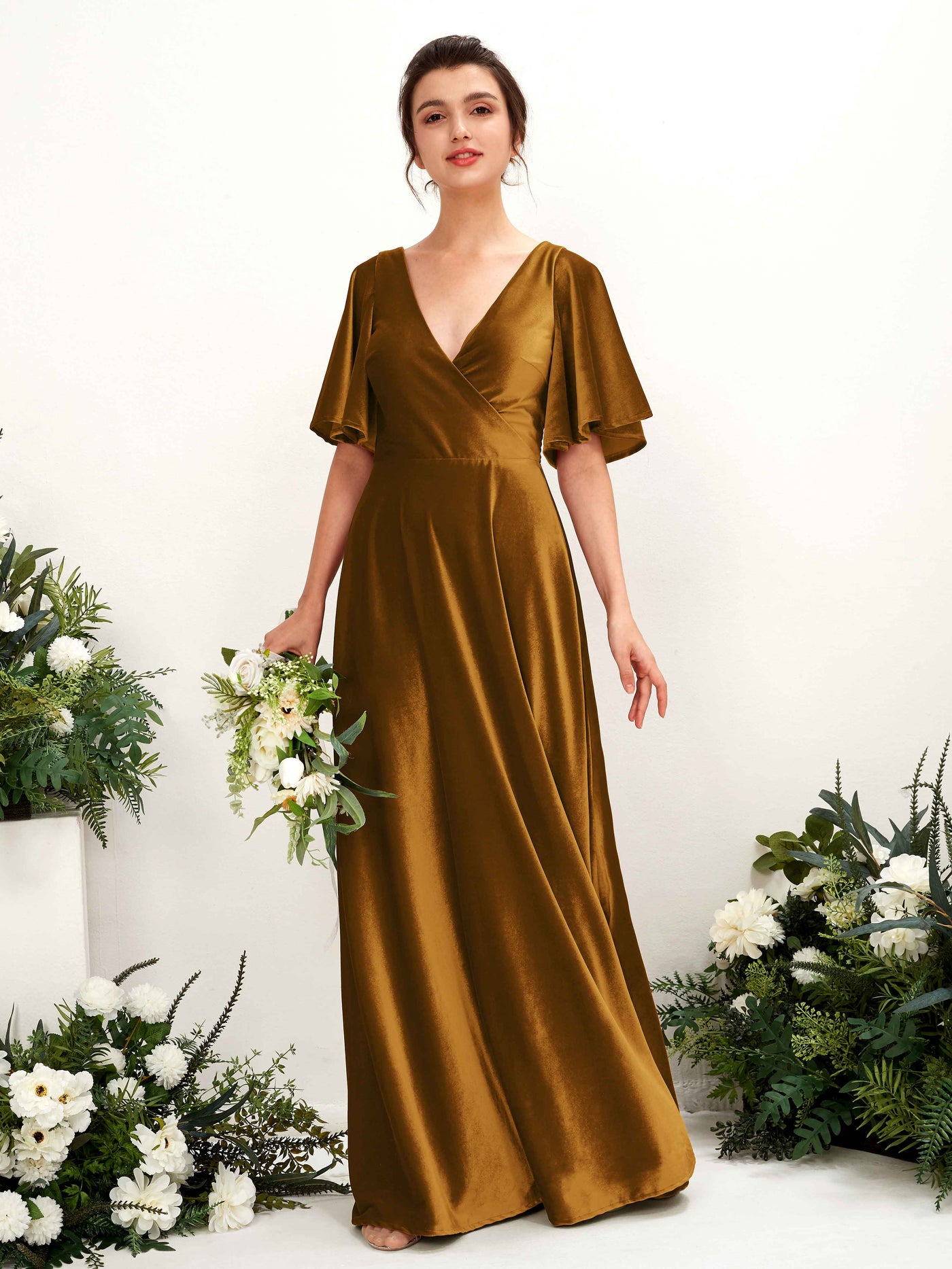 Burnished Gold Bridesmaid Dresses Bridesmaid Dress A-line Velvet V-neck Full Length Short Sleeves Wedding Party Dress (80224016)#color_burnished-gold