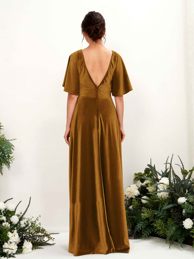 Carlyna Janet A-Line Burnished Gold Velvet Bridesmaid Dress Maxi Short Sleeve V-Neck Dress Back View #color_burnished-gold