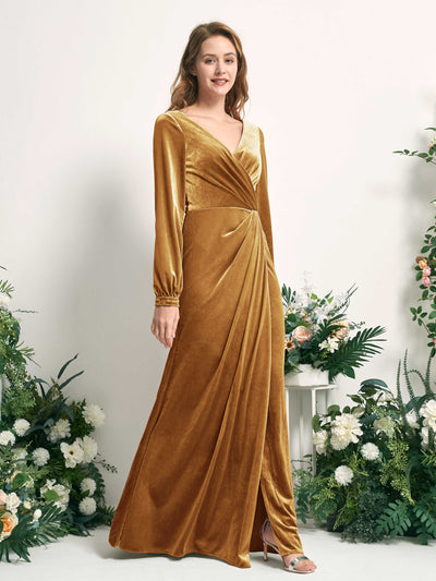 Carlyna Renata Mermaid Burnished Gold Velvet Bridesmaid Dress Maxi Long Sleeve V-Neck  #color_burnished-gold