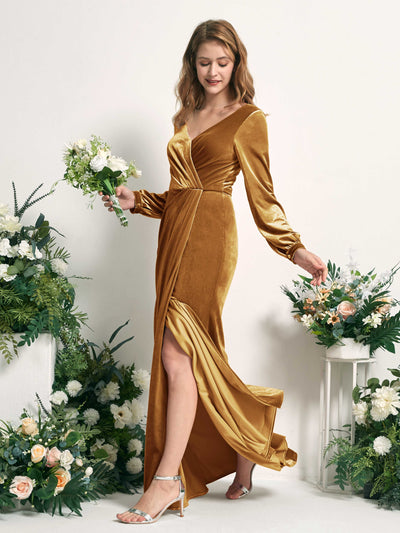 Carlyna Renata Mermaid Burnished Gold Velvet Bridesmaid Dress Maxi Long Sleeve V-Neck  #color_burnished-gold