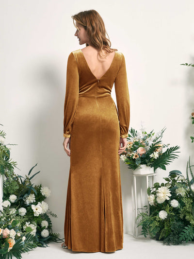 Carlyna Renata Mermaid Burnished Gold Velvet Bridesmaid Dress Maxi Long Sleeve V-Neck  #color_burnished-gold