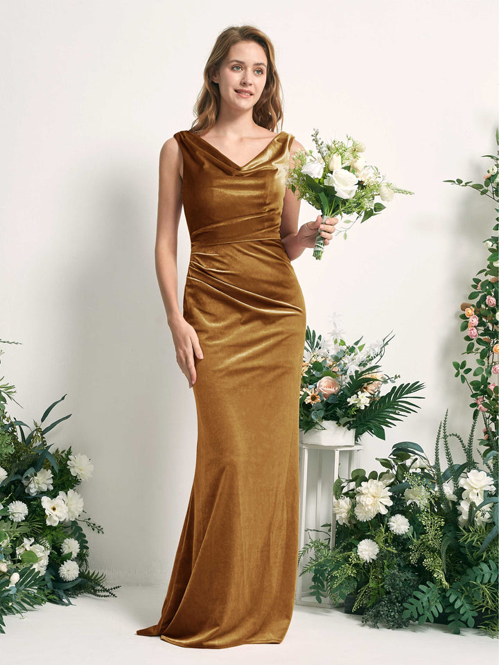 Burnished Gold Velvet Bridesmaid Dress Mermaid V-Neck Maxi with Ruched Carlyna UK 99.00 Burnished Gold Velvet Bridesmaid Dress Mermaid V-Neck Maxi with Ruched Carlyna UK 99.00