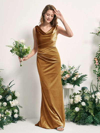 Carlyna Pearl Mermaid Burnished Gold Velvet Bridesmaid Dress Maxi Sleeveless V-Neck Dress #color_burnished-gold