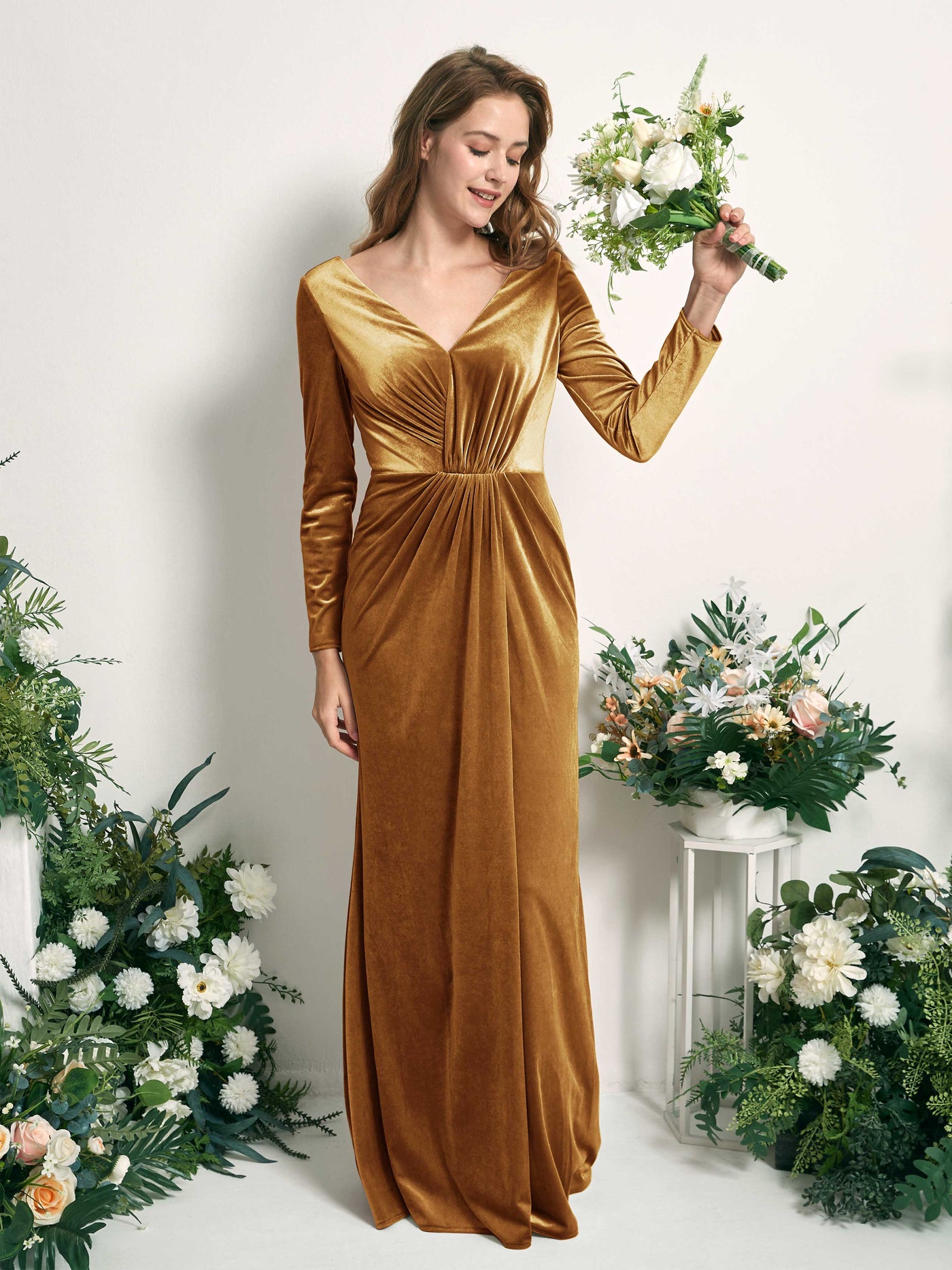 Dusty Rose Velvet Bridesmaid Dress Mermaid Long Sleeve V-Neck Maxi with Ruched Leg Slit Carlyna UK 99.00 Dusty Rose Velvet Bridesmaid Dress Mermaid Long Sleeve V-Neck Maxi with Ruched Leg Slit Carlyna UK 99.00