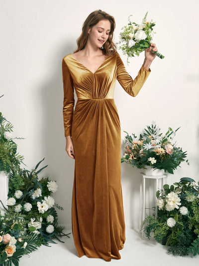 Carlyna Ophelia Mermaid Burnished Gold Velvet Bridesmaid Dress Maxi Long Sleeve V-Neck  #color_burnished-gold