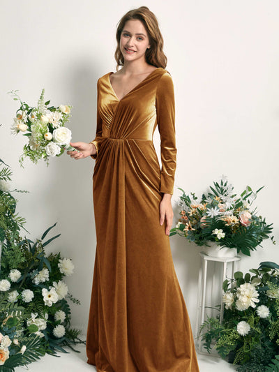 Carlyna Ophelia Mermaid Burnished Gold Velvet Bridesmaid Dress Maxi Long Sleeve V-Neck  #color_burnished-gold