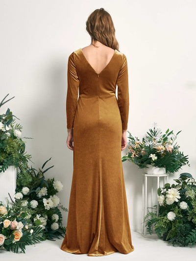 Carlyna Ophelia Mermaid Burnished Gold Velvet Bridesmaid Dress Maxi Long Sleeve V-Neck  #color_burnished-gold