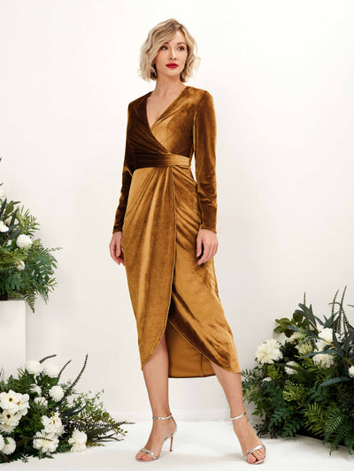 Carlyna Jenny Sheath Burnished Gold Velvet Bridesmaid Dress Midi Long Sleeve V-Neck  #color_burnished-gold