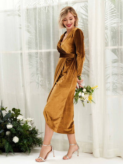 Carlyna Jenny Sheath Burnished Gold Velvet Bridesmaid Dress Midi Long Sleeve V-Neck  #color_burnished-gold