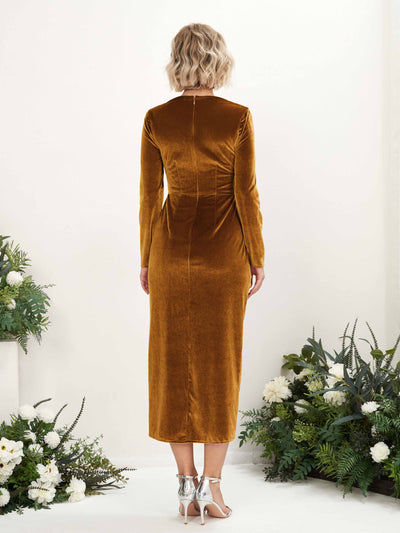 Carlyna Jenny Sheath Burnished Gold Velvet Bridesmaid Dress Midi Long Sleeve V-Neck  #color_burnished-gold