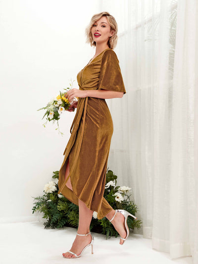 Carlyna Susie Sheath Burnished Gold Velvet Bridesmaid Dress Midi Half Sleeve V-Neck Dress #color_burnished-gold