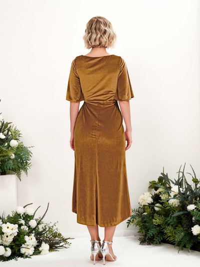 Carlyna Susie Sheath Burnished Gold Velvet Bridesmaid Dress Midi Half Sleeve V-Neck Dress #color_burnished-gold