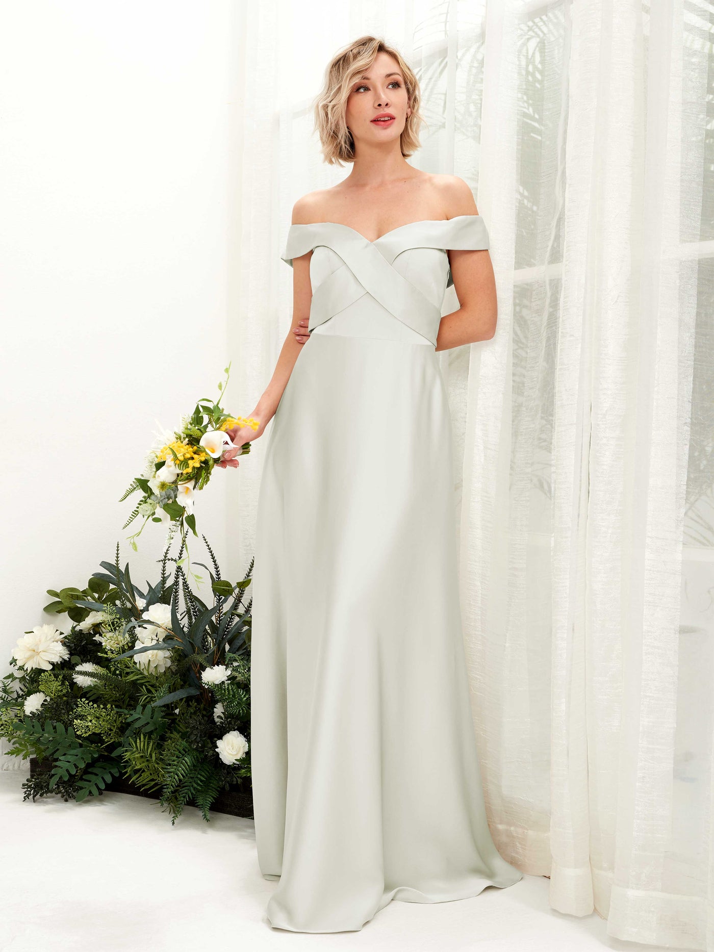 A-line Ball Gown Off Shoulder Sweetheart Satin Bridesmaid Dress - Ivory (80224276)#color_ivory