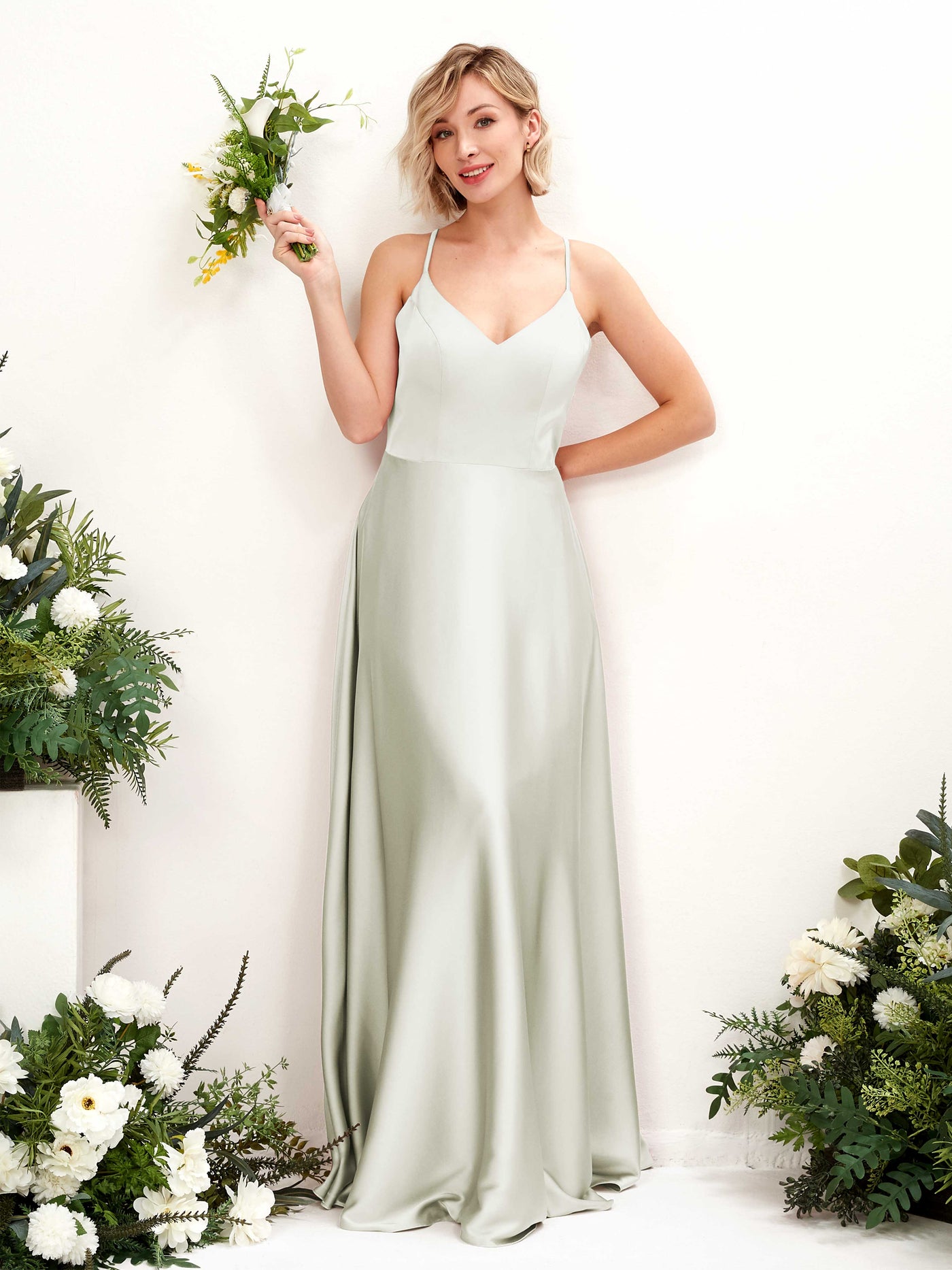A-line Straps V-neck Satin Bridesmaid Dress - Ivory (80224876)#color_ivory