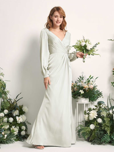 Carlyna Taylor Mermaid Ivory Satin Bridesmaid Dress Maxi Long Sleeve V-Neck  #color_ivory