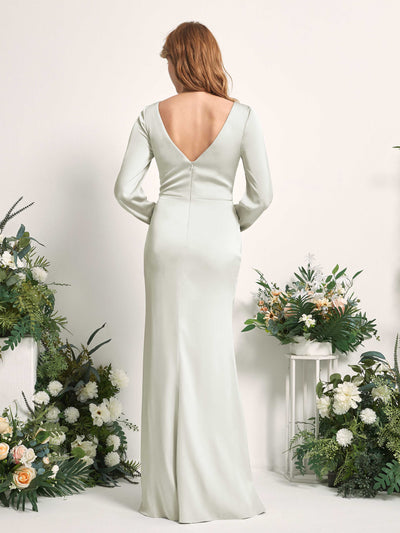 Carlyna Taylor Mermaid Ivory Satin Bridesmaid Dress Maxi Long Sleeve V-Neck  #color_ivory
