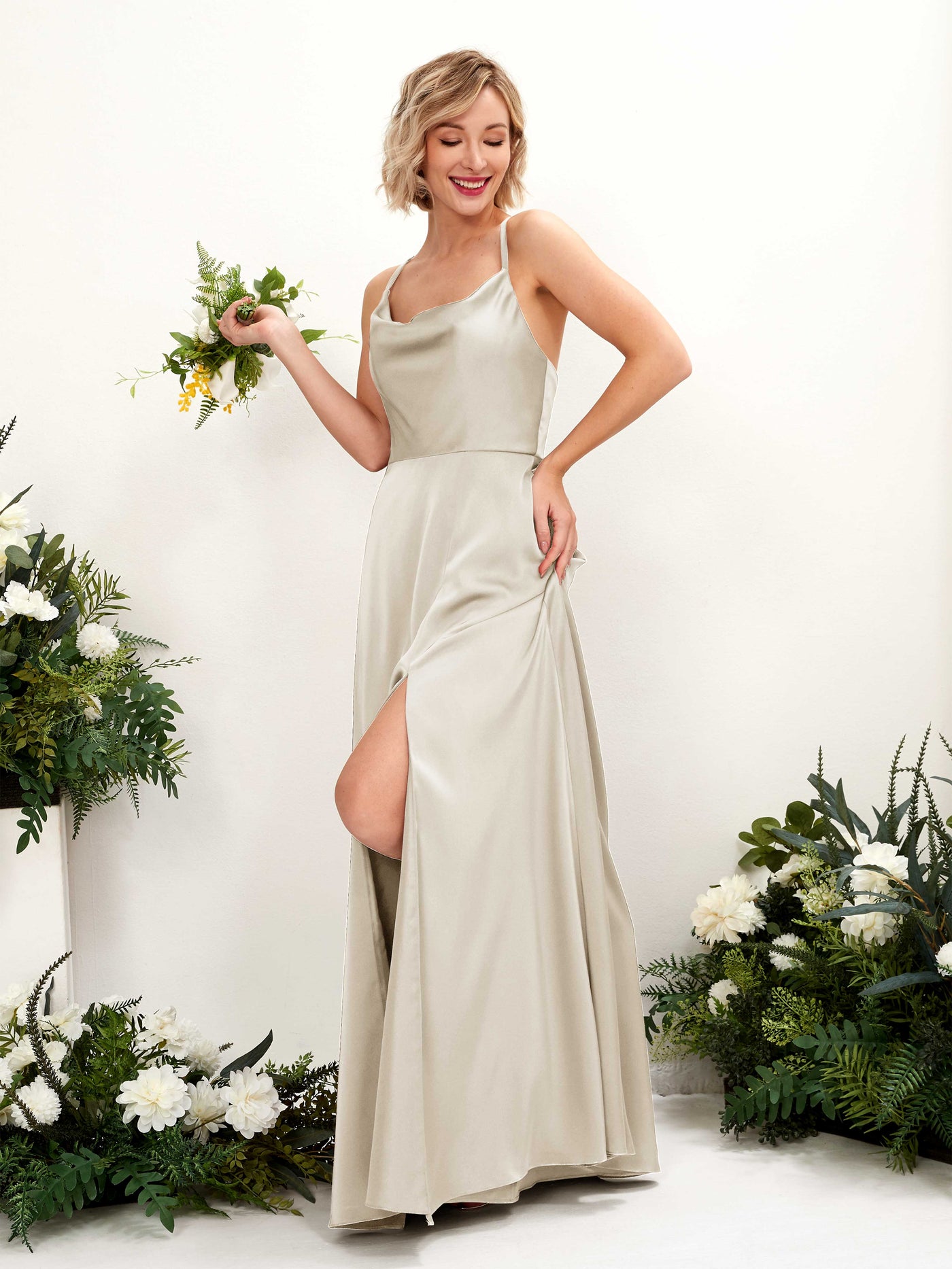A-line Ball Gown Straps Satin Bridesmaid Dress - Champagne (80222204)#color_champagne
