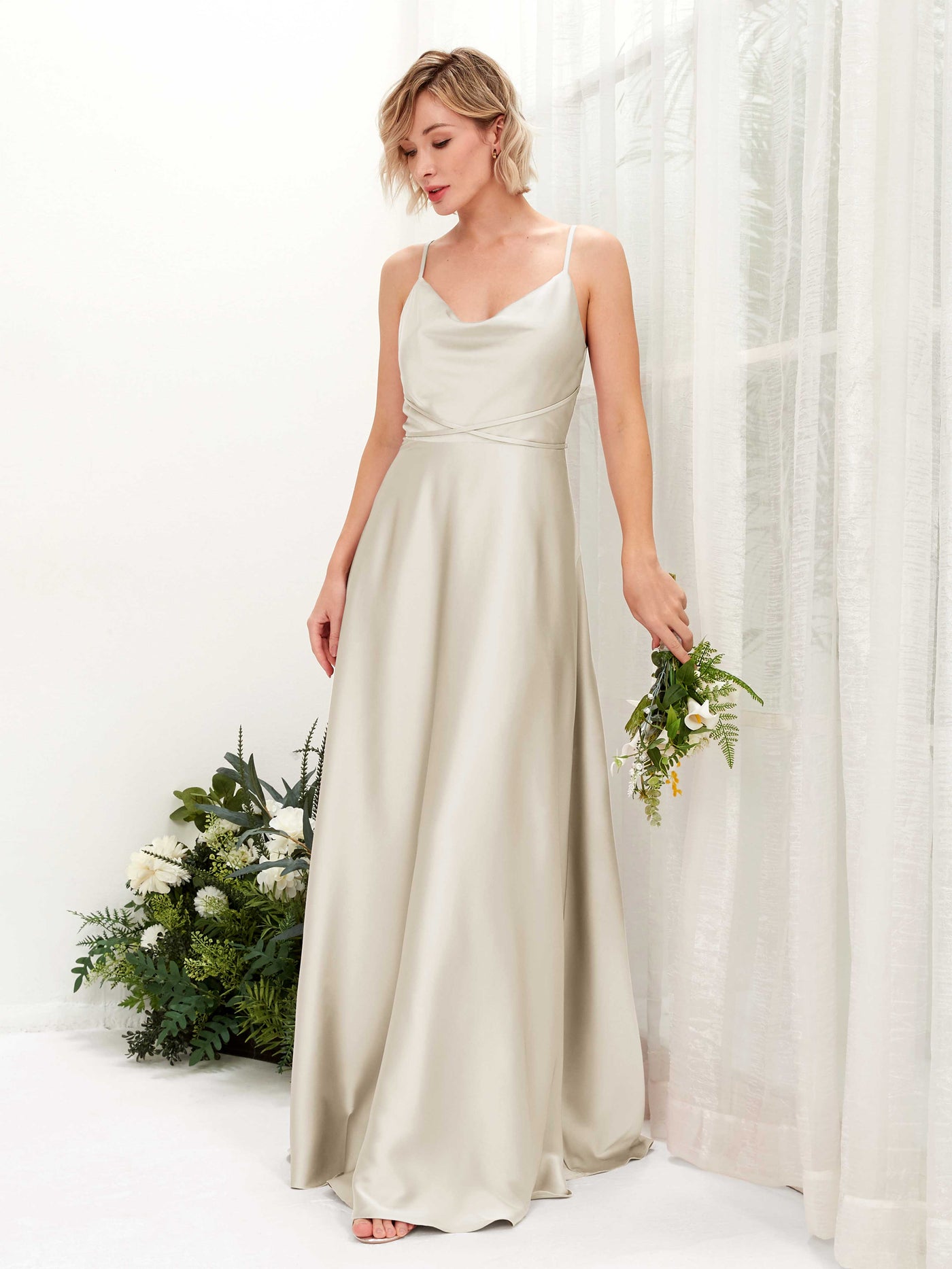 A-line Straps Sleeveless Satin Bridesmaid Dress - Champagne (80223104)#color_champagne