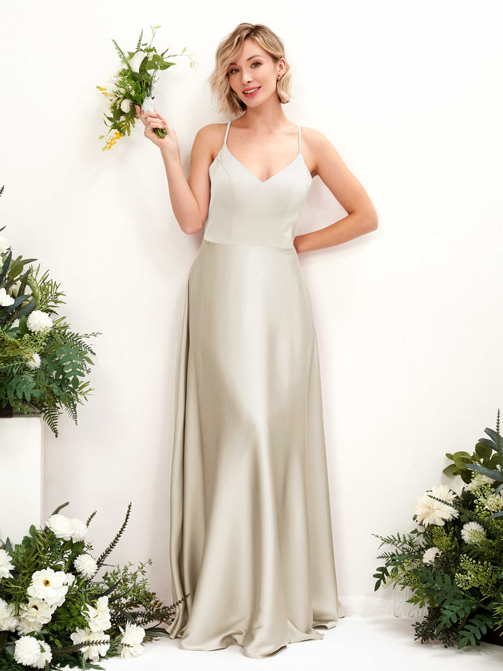 A-line Straps V-neck Satin Bridesmaid Dress - Champagne (80224804)