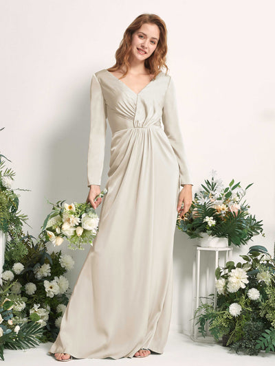 Carlyna Alicia Mermaid Champagne Satin Bridesmaid Dress Maxi Long Sleeve V-Neck Front View #color_champagne