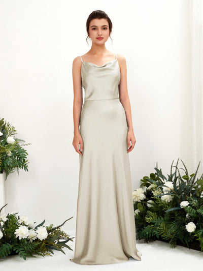 Carlyna Flora A-Line Champagne Satin Bridesmaid Dress Maxi Sleeveless Cowl Neck Dress Front View #color_champagne