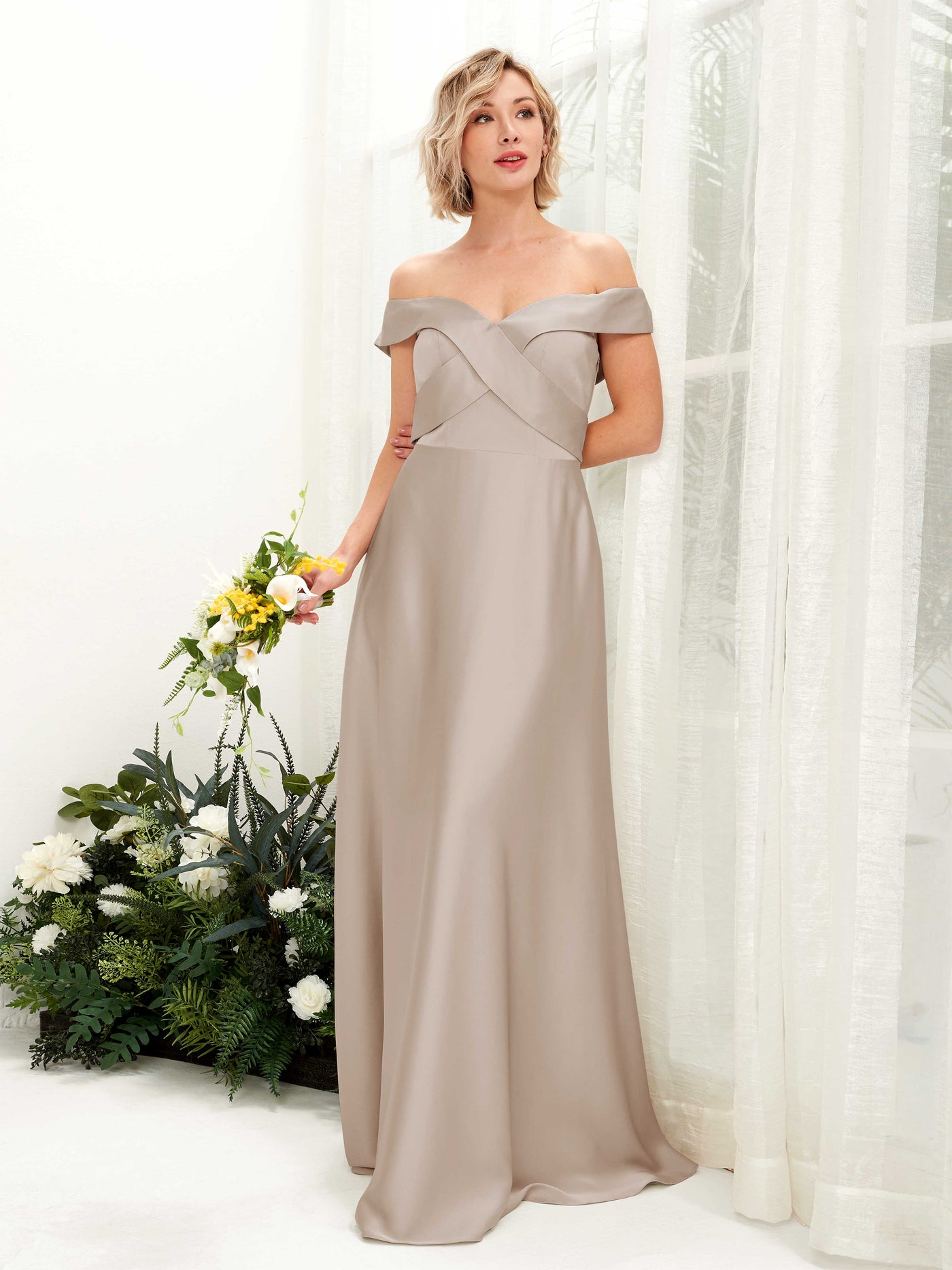 A-line Ball Gown Off Shoulder Sweetheart Satin Bridesmaid Dress - Taupe (80224202)#color_taupe