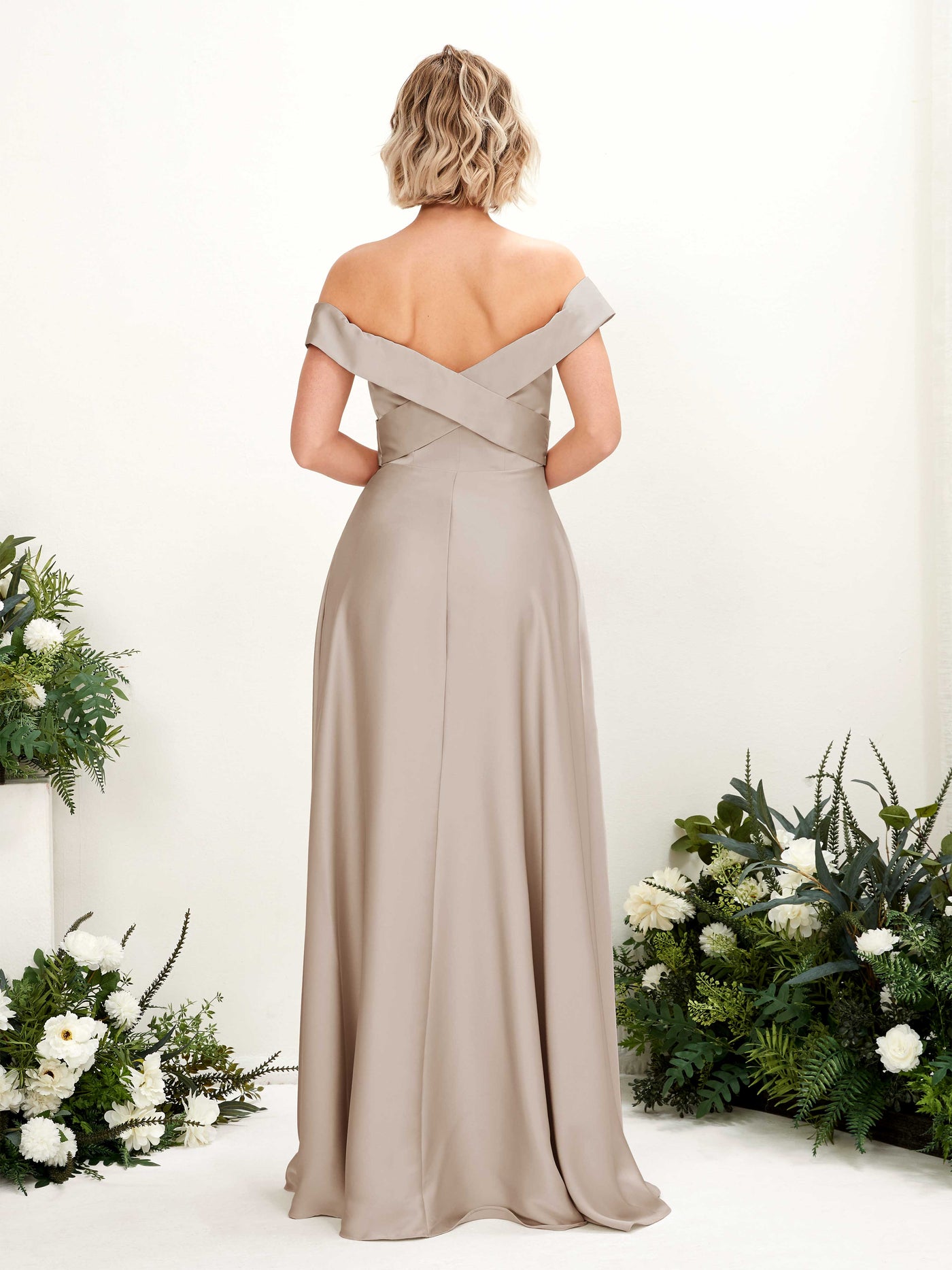 A-line Ball Gown Off Shoulder Sweetheart Satin Bridesmaid Dress - Taupe (80224202)#color_taupe