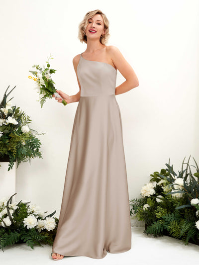 Carlyna Dinah A-Line Taupe Satin Bridesmaid Dress Maxi Sleeveless One Shoulder Dress Front View #color_taupe