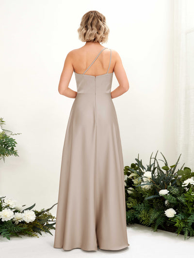 Carlyna Dinah A-Line Taupe Satin Bridesmaid Dress Maxi Sleeveless One Shoulder Dress Back View #color_taupe