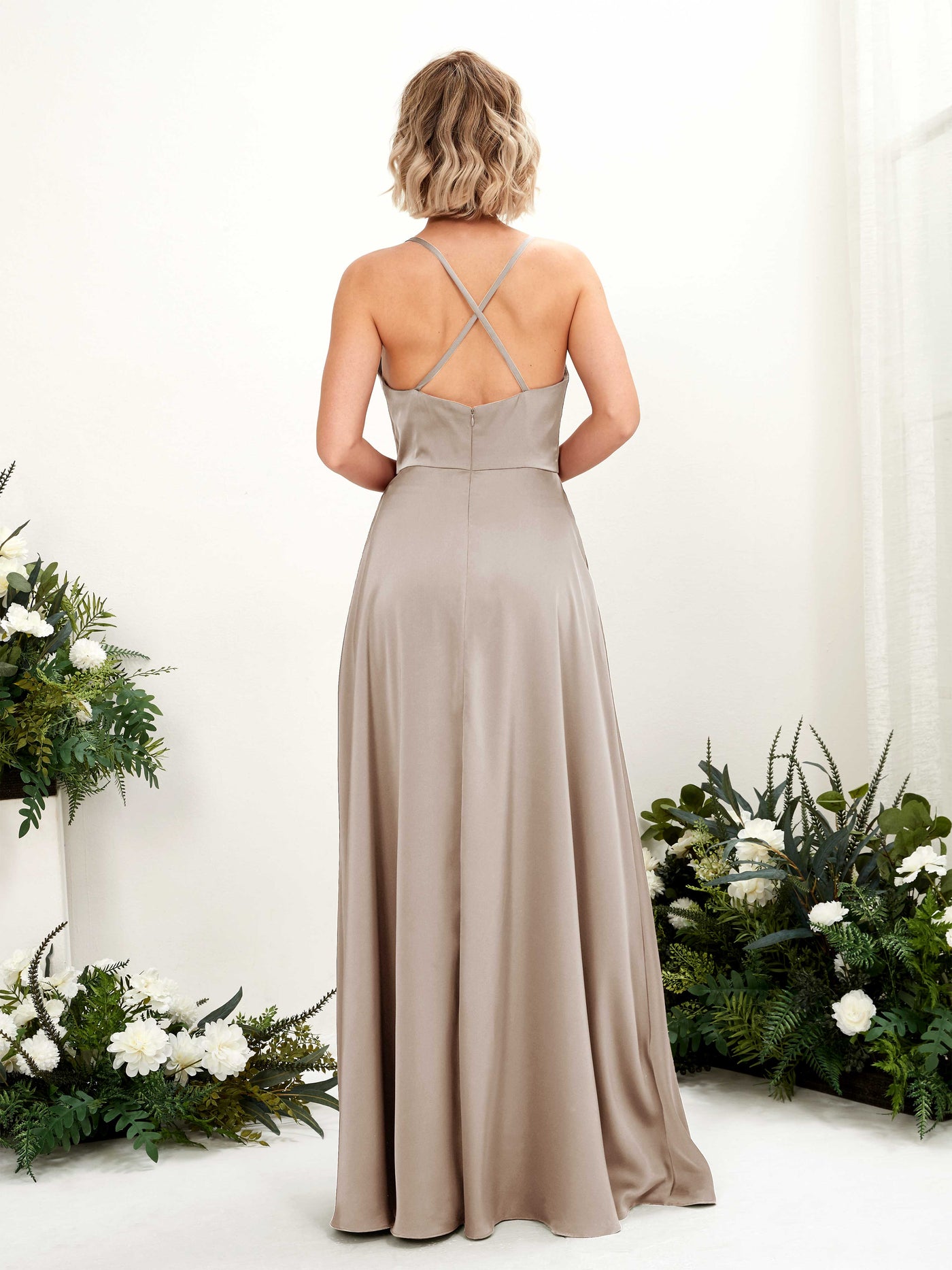A-line Ball Gown Straps Satin Bridesmaid Dress - Taupe (80222202)#color_taupe