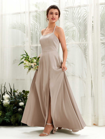 Carlyna Jocelyn A-Line Taupe Satin Bridesmaid Dress Maxi Sleeveless Halter Dress #color_taupe