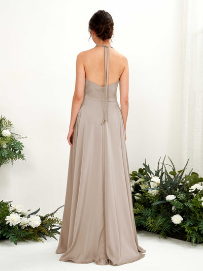 Carlyna Jocelyn A-Line Taupe Satin Bridesmaid Dress Maxi Sleeveless Halter Dress #color_taupe