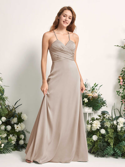 Carlyna Allison A-Line Taupe Satin Bridesmaid Dress Maxi Sleeveless V-Neck Dress Side View 2 #color_taupe