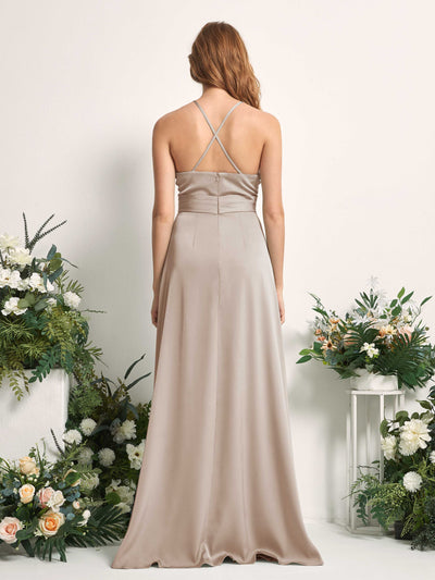 Carlyna Allison A-Line Taupe Satin Bridesmaid Dress Maxi Sleeveless V-Neck Dress Back View #color_taupe