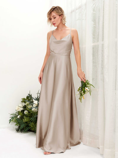 Carlyna Wallis A-Line Taupe Satin Bridesmaid Dress Maxi Sleeveless Cowl Neck Dress #color_taupe