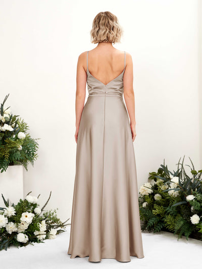 Carlyna Wallis A-Line Taupe Satin Bridesmaid Dress Maxi Sleeveless Cowl Neck Dress #color_taupe