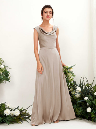 Carlyna Irma A-Line Taupe Satin Bridesmaid Dress Maxi Sleeveless Cowl Neck Dress Front View #color_taupe
