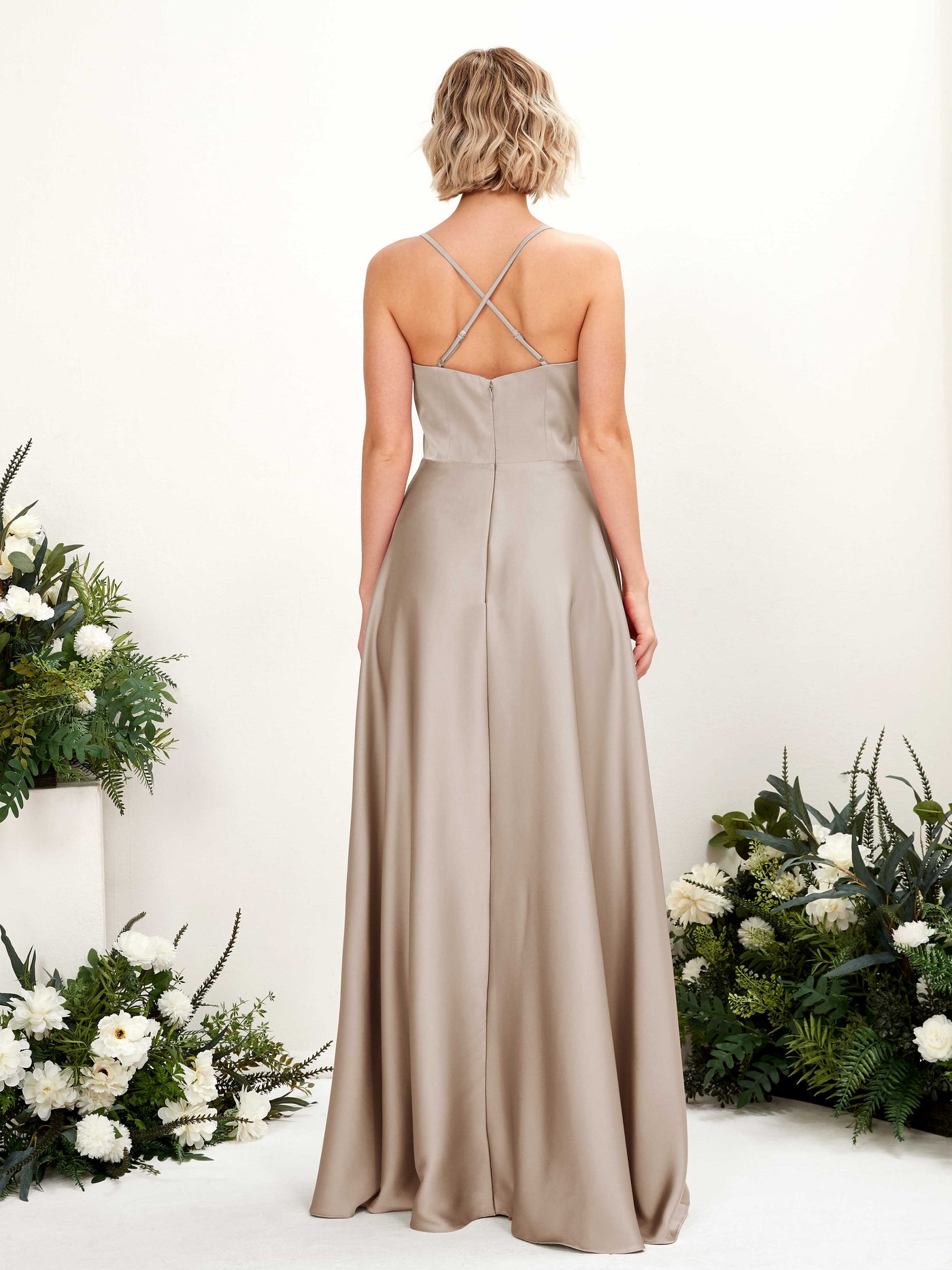 A-line Straps V-neck Satin Bridesmaid Dress - Taupe (80224802)#color_taupe