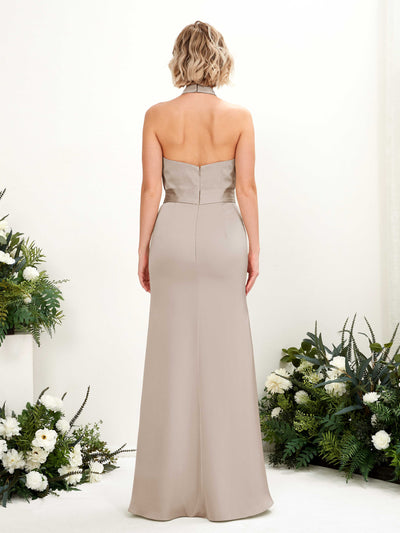 Carlyna Edwina Mermaid Taupe Satin Bridesmaid Dress Maxi Sleeveless Halter Dress Back View #color_taupe