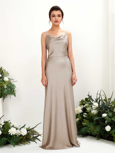 Carlyna Flora A-Line Taupe Satin Bridesmaid Dress Maxi Sleeveless Cowl Neck Dress Front View #color_taupe