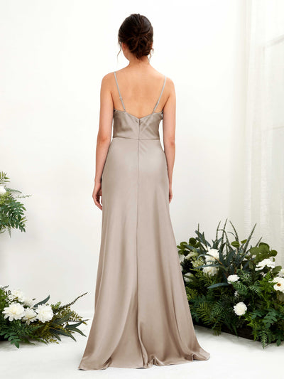 Carlyna Flora A-Line Taupe Satin Bridesmaid Dress Maxi Sleeveless Cowl Neck Dress Back View #color_taupe