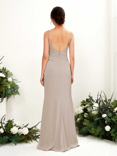 Carlyna Candice Sheath Taupe Satin Bridesmaid Dress Maxi Sleeveless Cowl Neck Dress Back View #color_taupe