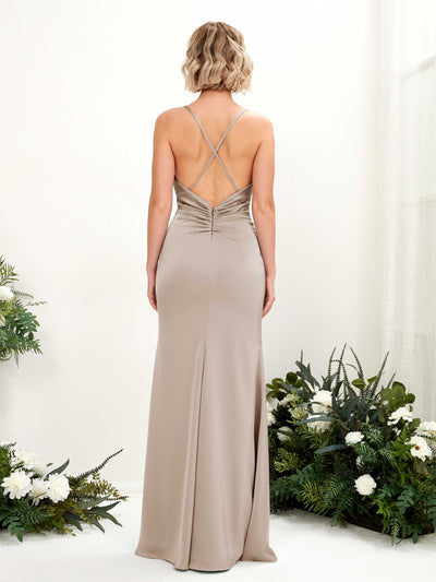 Carlyna Regina Mermaid Taupe Satin Bridesmaid Dress Maxi Sleeveless Cowl Neck Dress #color_taupe