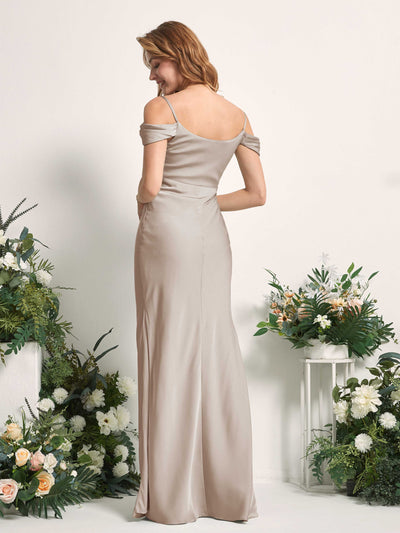 Carlyna Alexis Mermaid Taupe Satin Bridesmaid Dress Maxi Sleeveless Cowl Neck Dress Back View #color_taupe