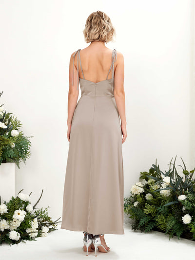 Carlyna Viola Sheath Taupe Satin Bridesmaid Dress Midi Sleeveless Cowl Neck Dress #color_taupe